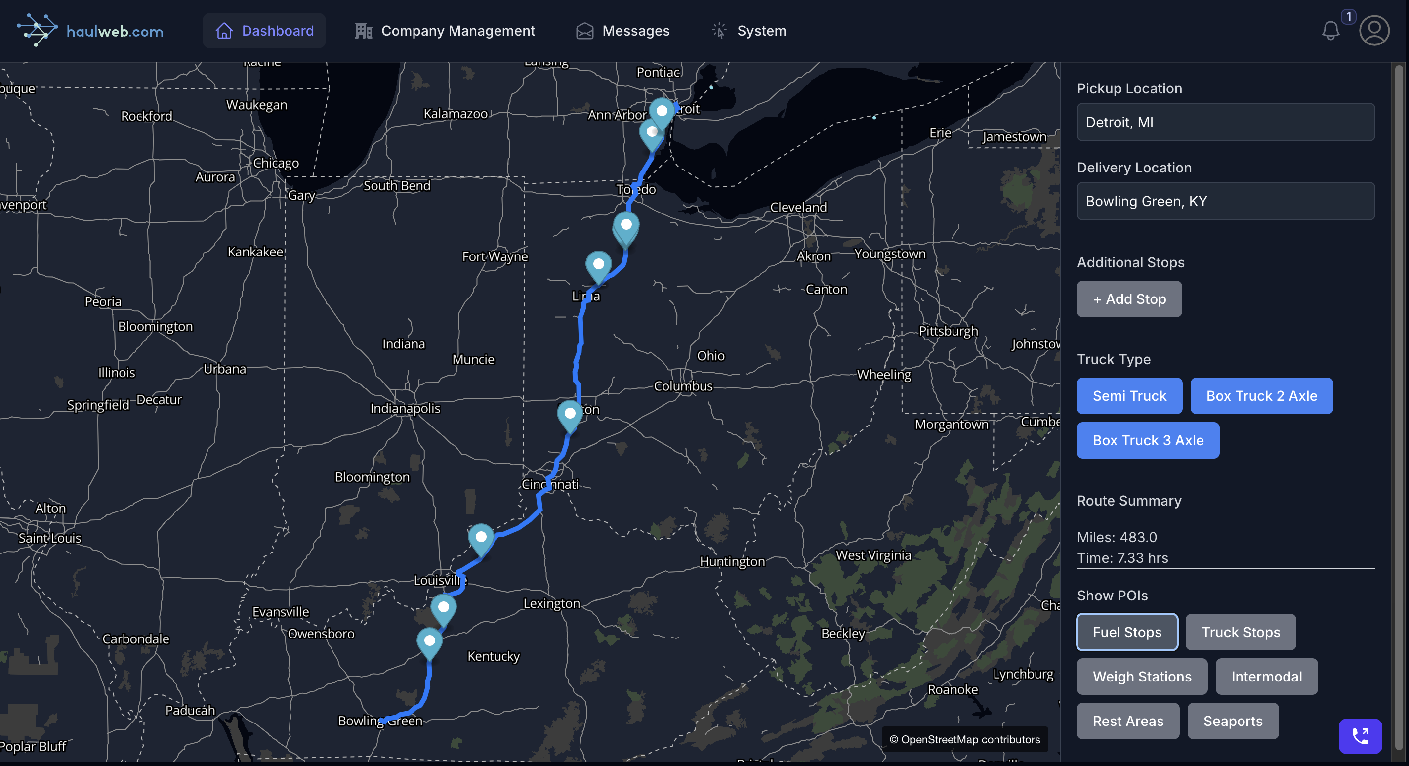 Truck route intelligence with fuel stop map on screen